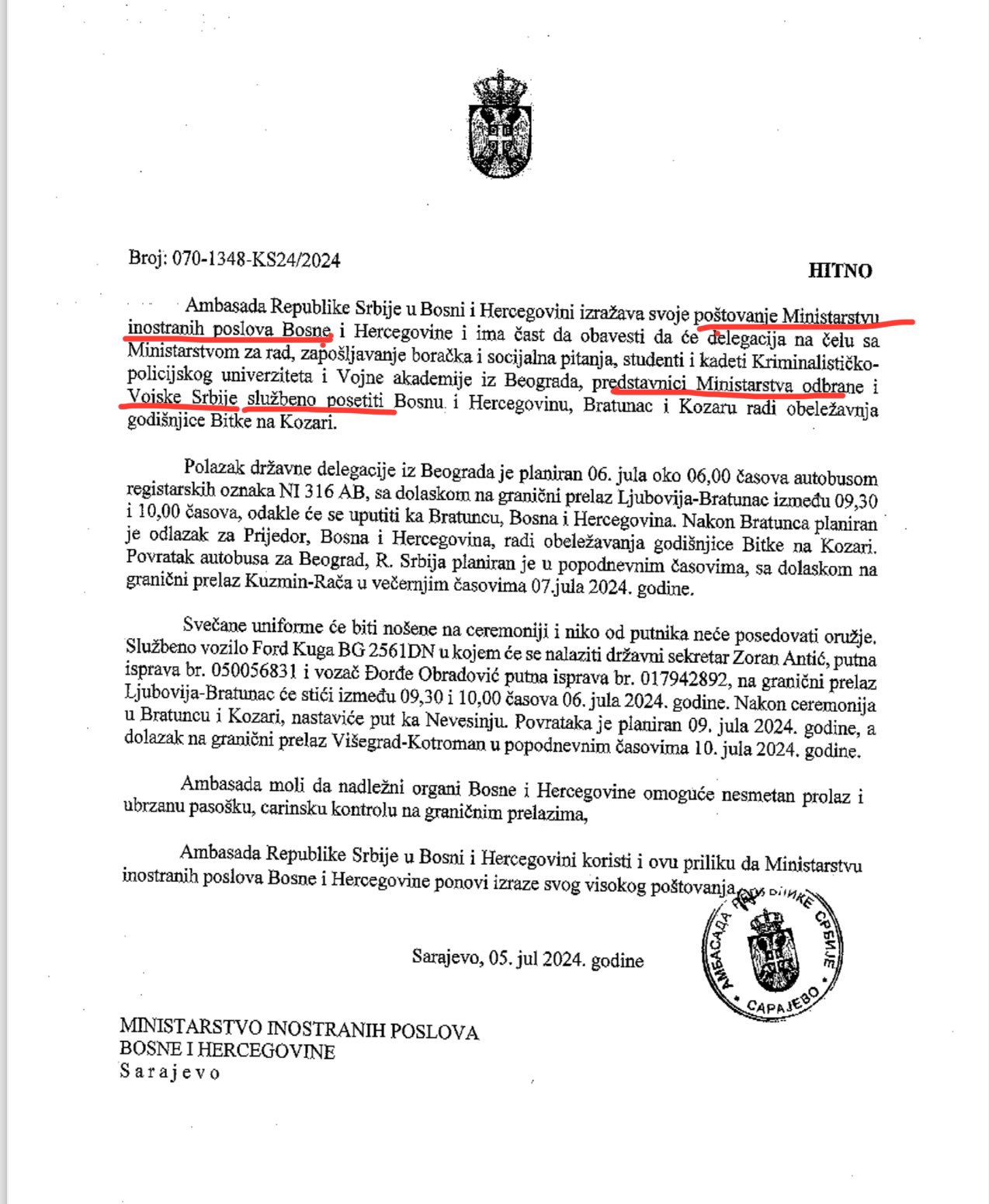  /></p>
<p>U najavi se navodi da će posjetiti Bratunac, zatim i Prijedor i Kozaru ne navodeći nikakav defile osim obilježavanja godišnjice Bitke na Kozari.</p><script async src=