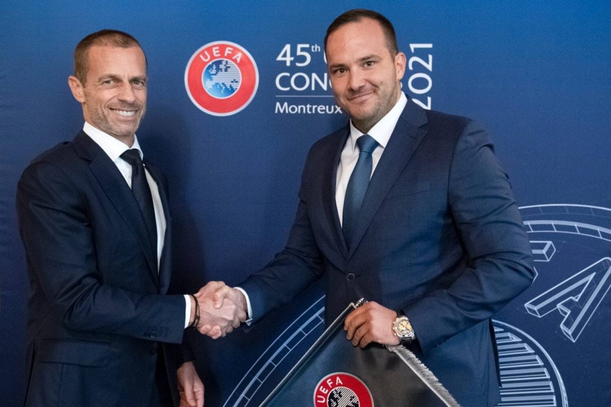 MONTREUX, SWITZERLAND - APRIL 19: UEFA President Aleksander Čeferin meets Bosnia and Herzegovina Football Federation President Vico Zeljković at 2m2c Montreux Music & Convention Centre  on April 19, 2021, in Montreux, Switzerland (Photo by Richard Juilliart - UEFA)